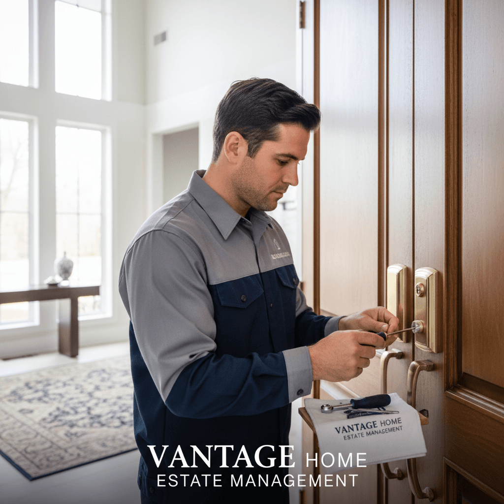 Professional inspecting and maintaining home door lock