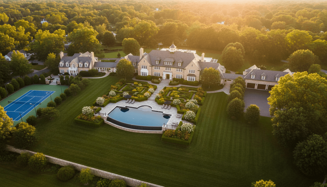 Aerial view of a luxury Rockville home with pristine landscaping and manicured grounds at sunset