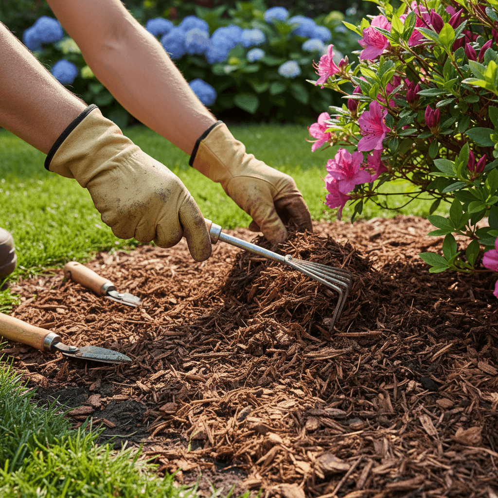 Landscaper's gloved hands spreading dark mulch around flowering shrub in residential garden bed with morning sunlight