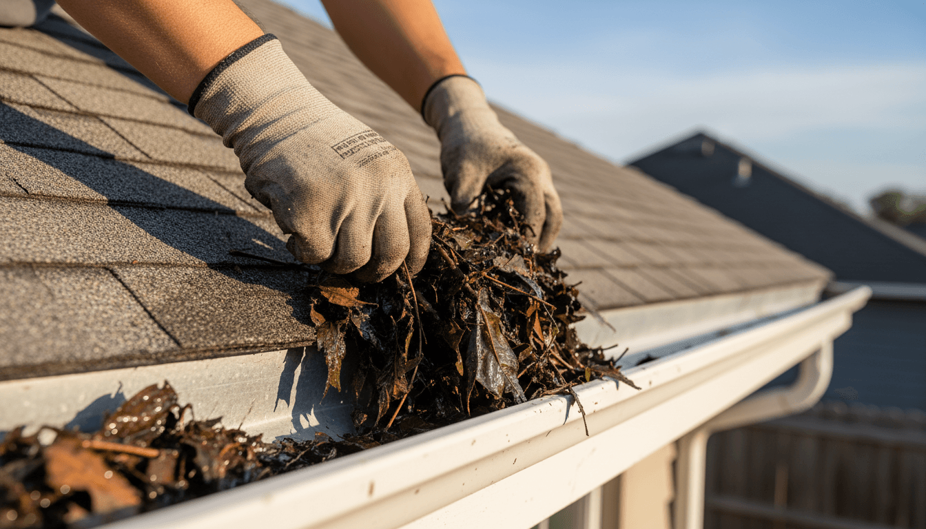 Detail view of gutter cleaning and debris removal