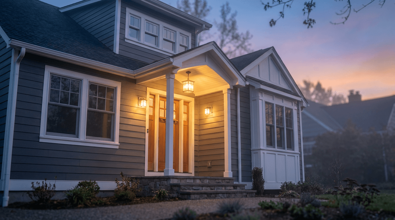 Residential house exterior at dusk with warm porch lighting and fresh exterior details, evening architectural scene