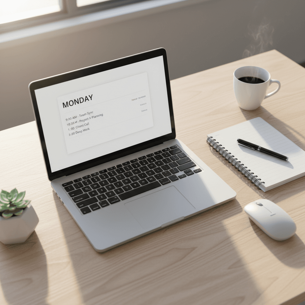 Organized remote workspace with laptop displaying calendar management, surrounded by notebooks and coffee on light wooden desk