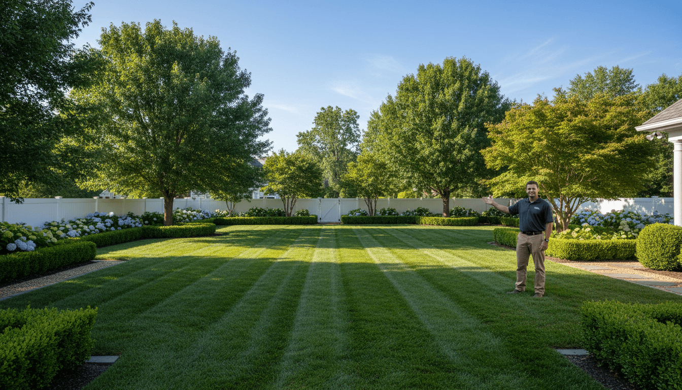 Professionally maintained residential lawn with trimmed hedges, shaped trees, and clean landscaping in bright natural light