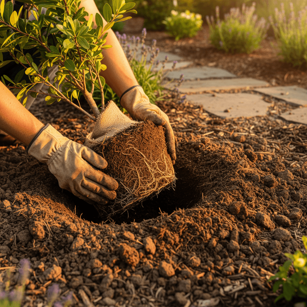Landscaper tending to garden beds during spring maintenance